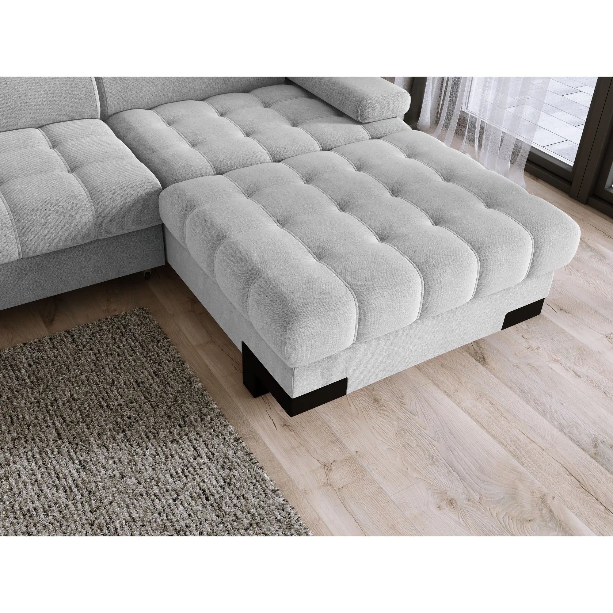 Coltar extensibil SELVA MINI, personalizabil materiale gama Oferta Avantaj, cu lada depozitare si tetiere reglabile, 270x173x95 cm