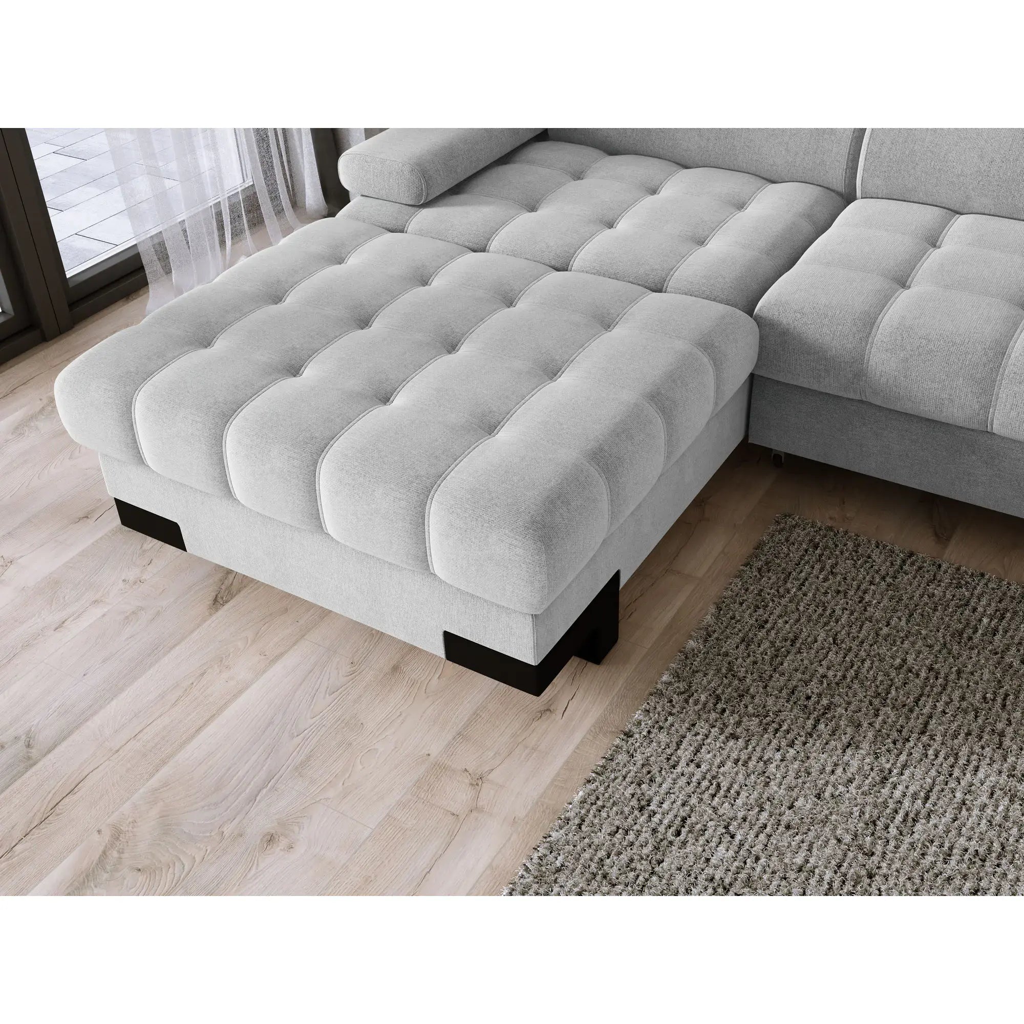 Coltar extensibil SELVA MINI, sezlong stanga, stofa clasica gri - Austin 19, cu lada depozitare, 270x173x95 cm