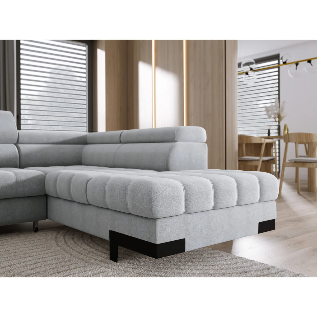 Coltar extensibil SELVA XL, sezlong dreapta, stofa catifelata maro - Palladium 4, Gama Premium, cu lada depozitare si tetiere reglabile, 339x223x95 cm