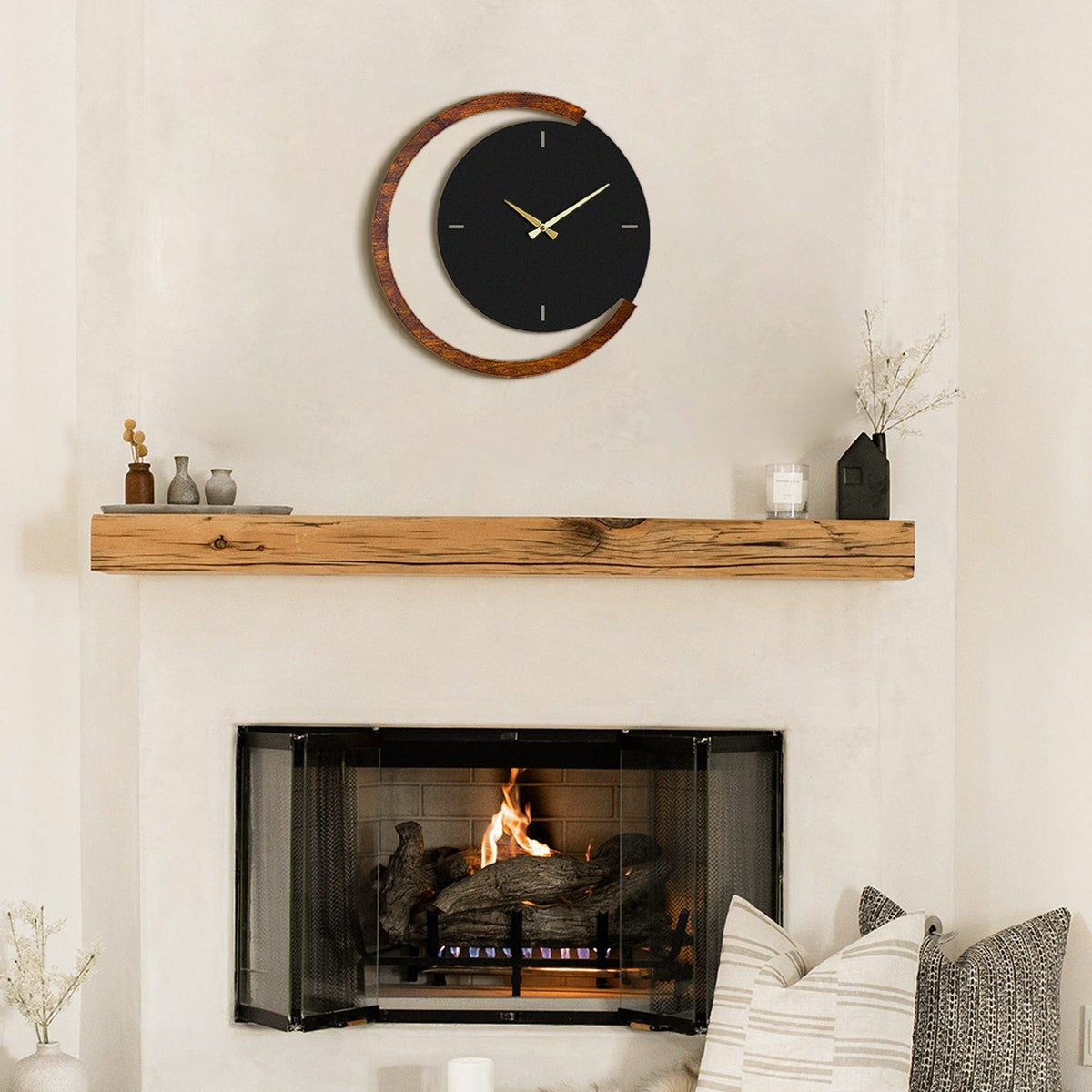 Ceas decorativ metalic de perete, Moon Time Wooden Metal Wall Clock - APS117, Negru / Nuc