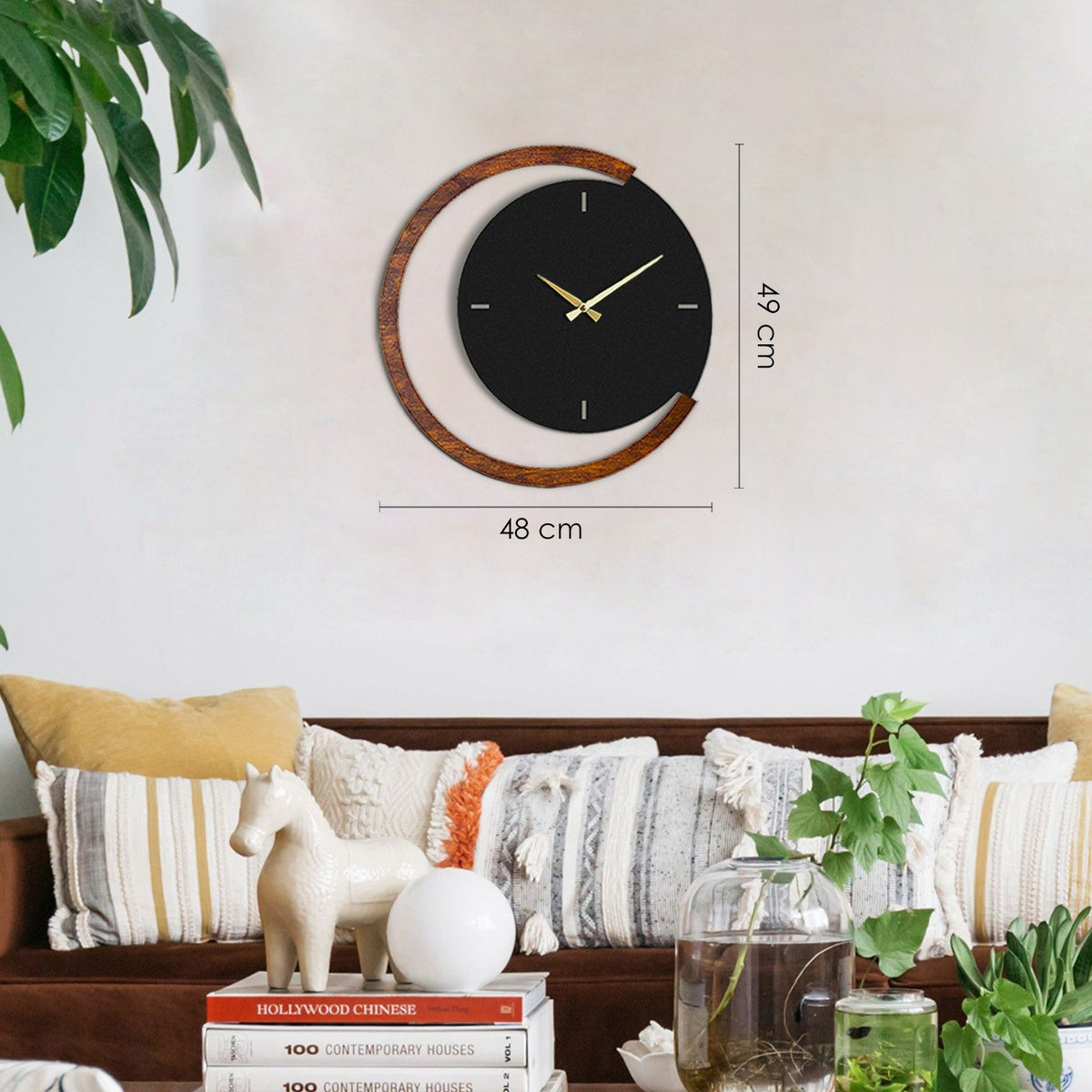 Ceas decorativ metalic de perete, Moon Time Wooden Metal Wall Clock - APS117, Negru / Nuc
