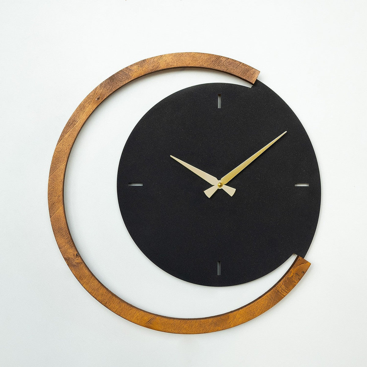 Ceas decorativ metalic de perete, Moon Time Wooden Metal Wall Clock - APS117, Negru / Nuc