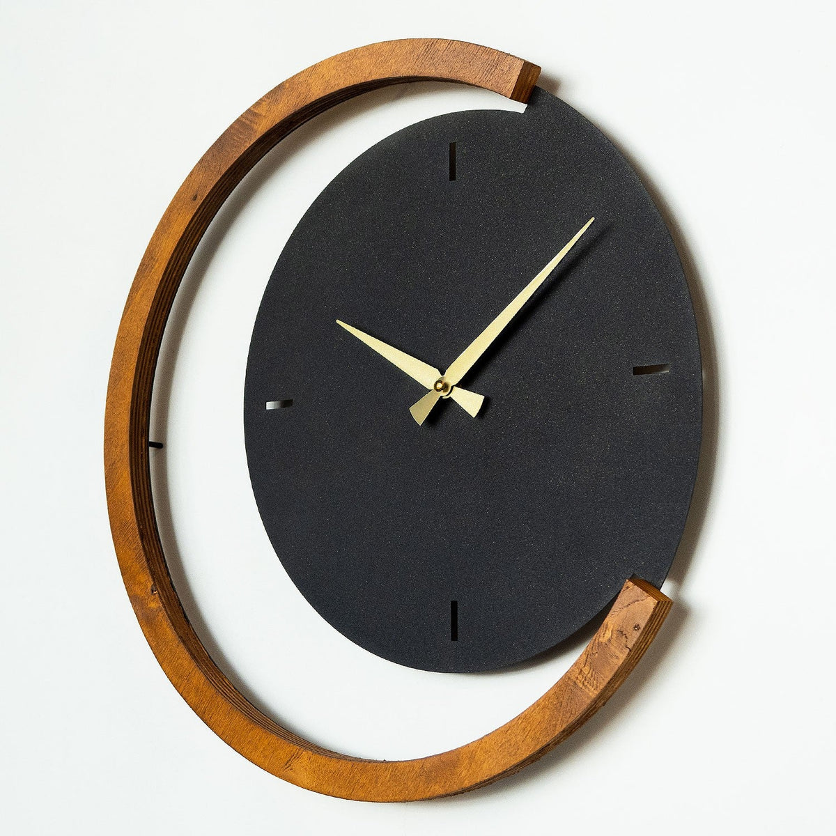 Ceas decorativ metalic de perete, Moon Time Wooden Metal Wall Clock - APS117, Negru / Nuc
