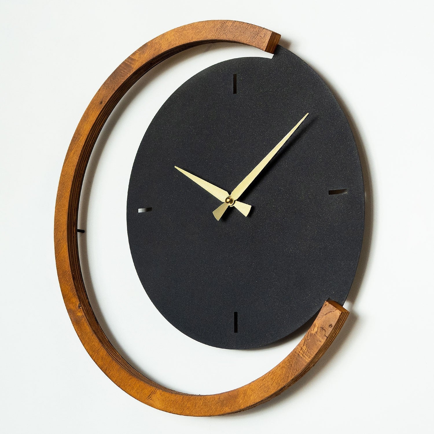 Ceas decorativ metalic de perete, Moon Time Wooden Metal Wall Clock - APS117, Negru / Nuc