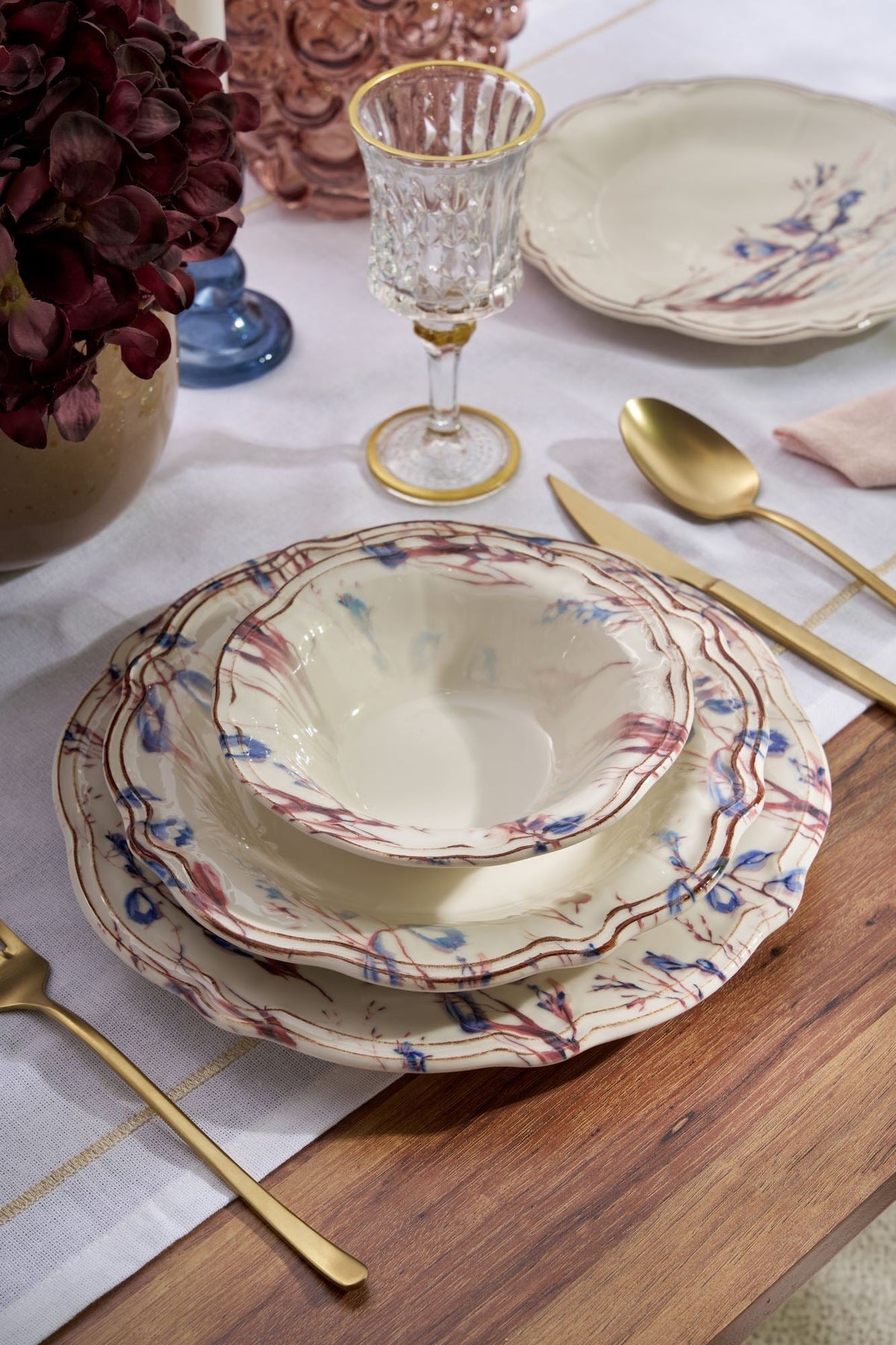 Set veselă (24 piese), Blue Rustica, Bleumarin / Bordo