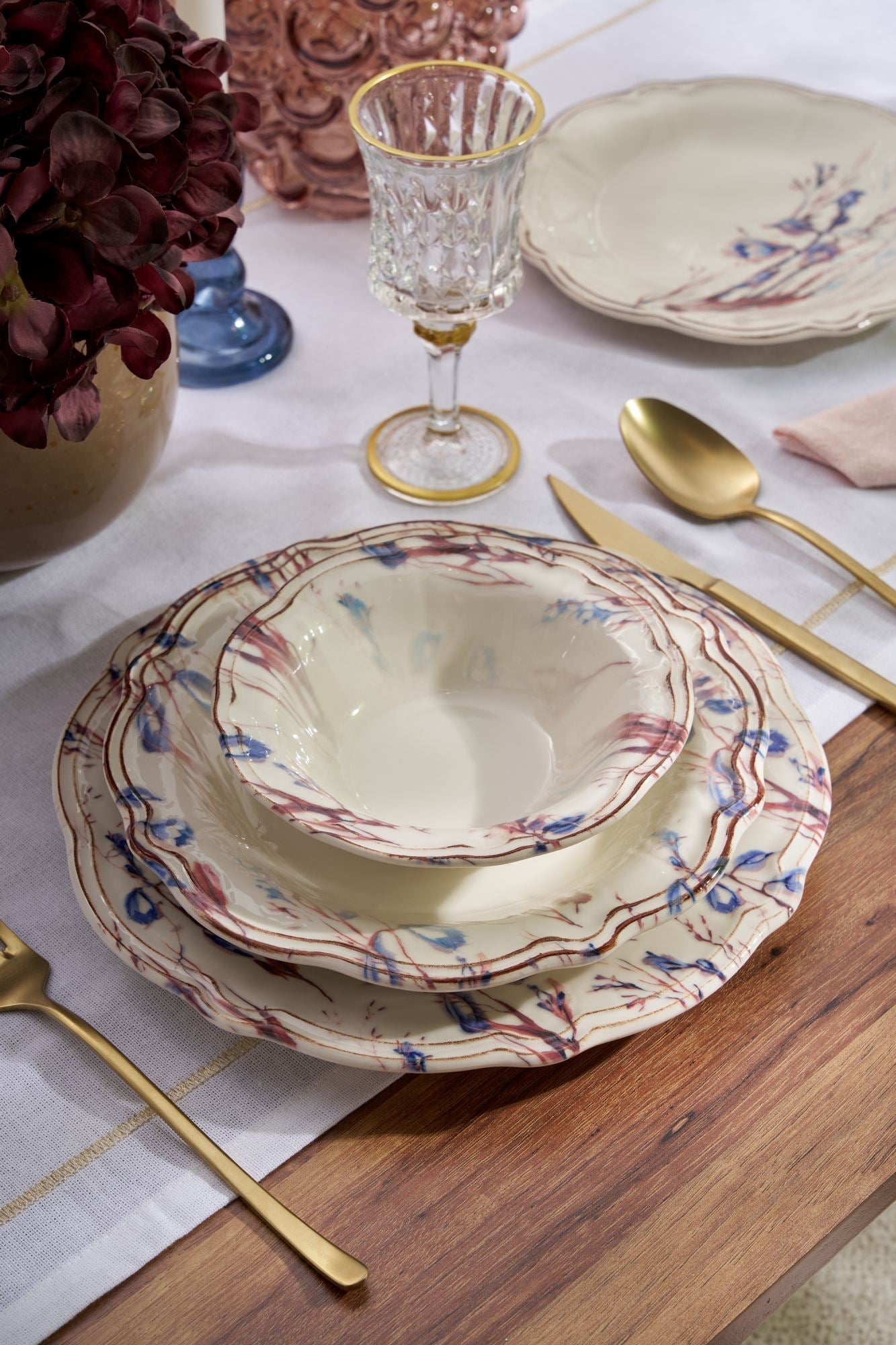 Set veselă (24 piese), Blue Rustica, Bleumarin / Bordo