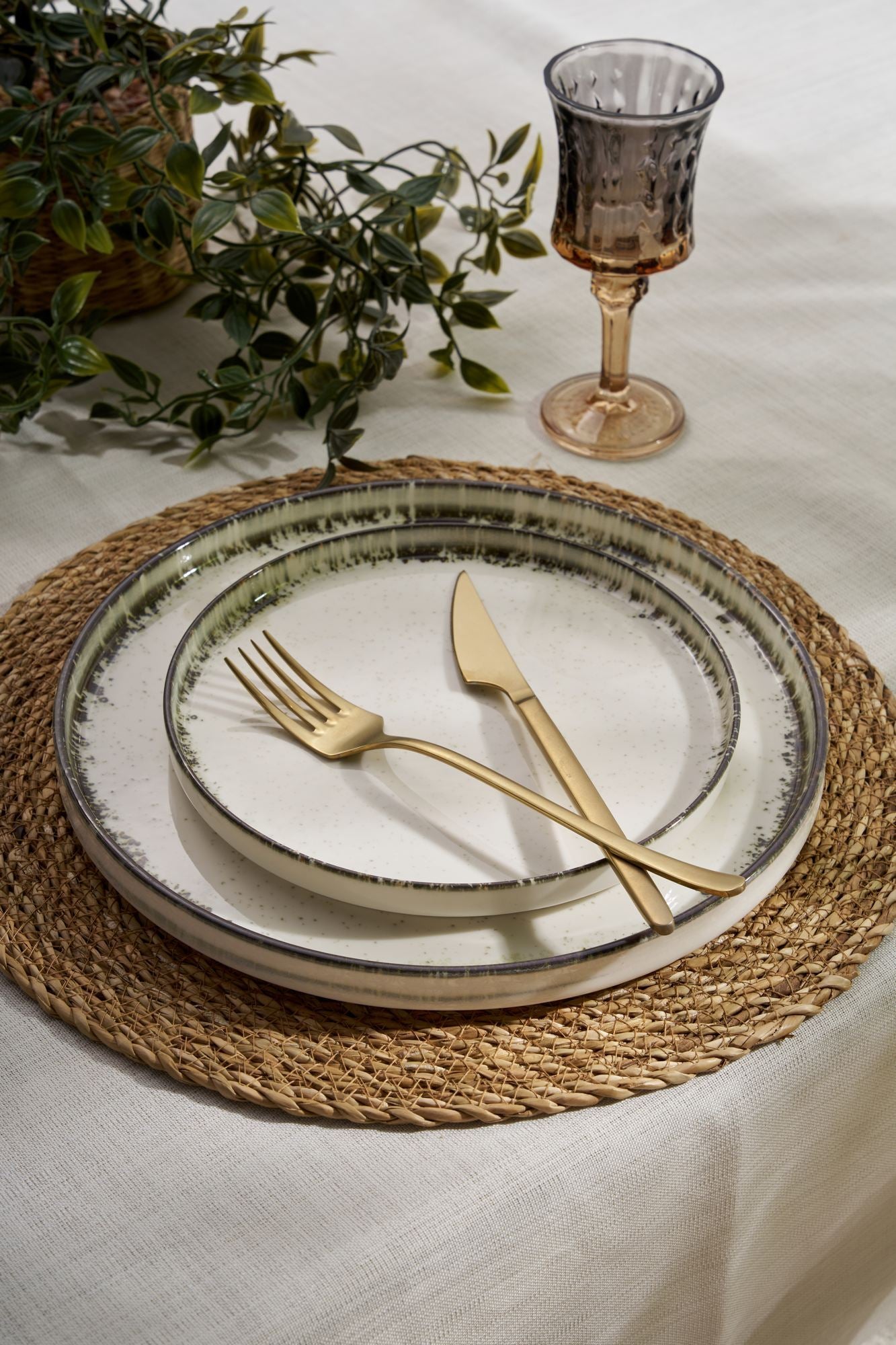 Set veselă (24 piese), Roundy - Brown, Alb / Maro