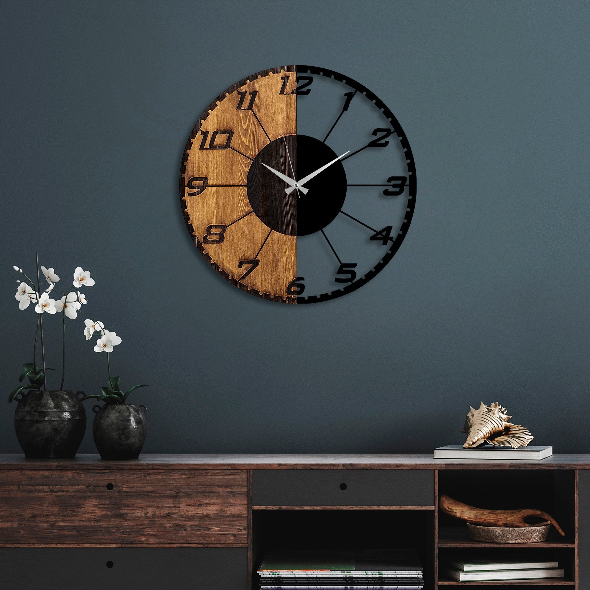 Ceas decorativ din lemn de perete, Linear, Nuc / Negru