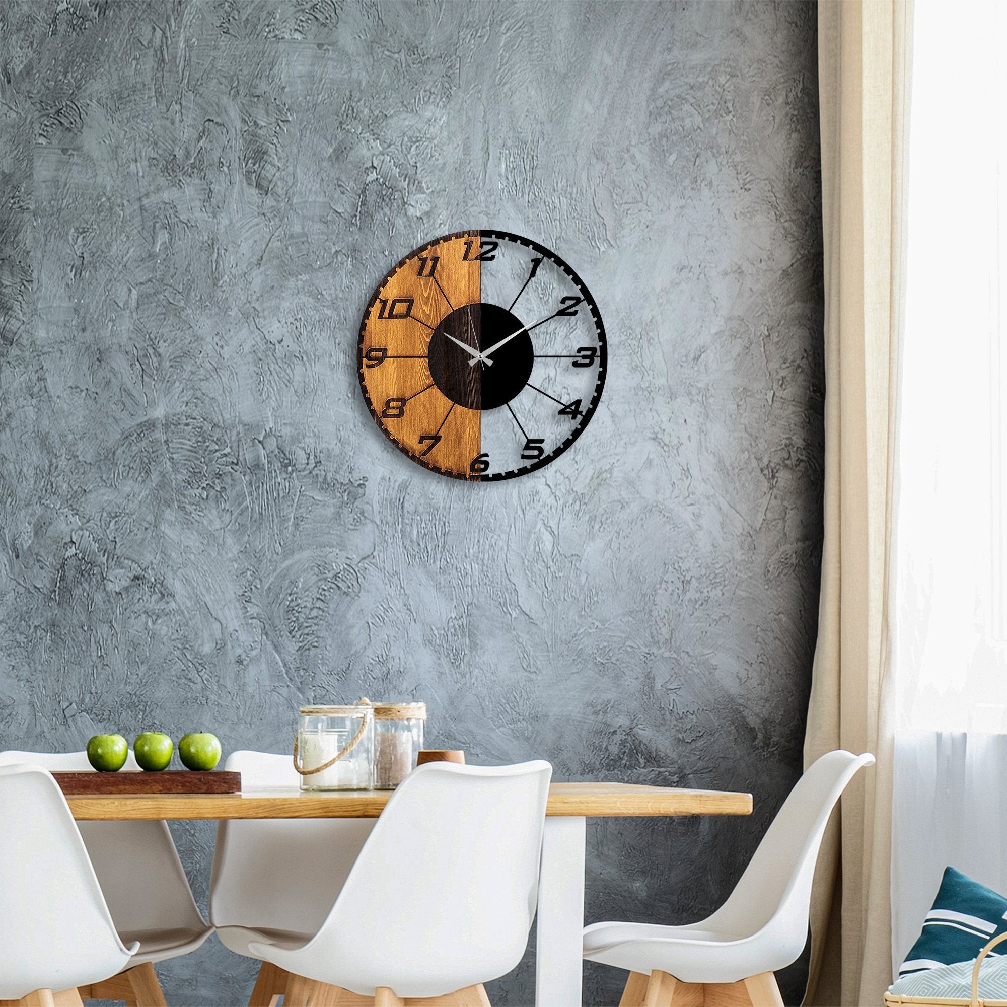 Ceas decorativ din lemn de perete, Linear, Nuc / Negru