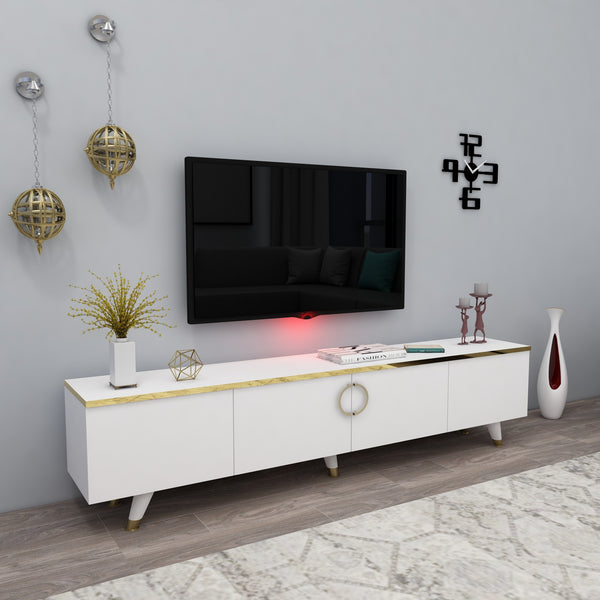 Comoda TV LUXIA, alb/auriu, PAL, 180x31.4x30 cm