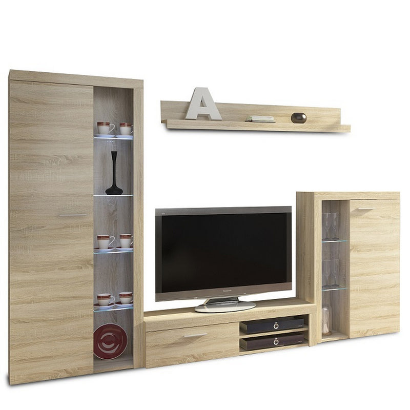 Mobilier living ROCHESTER, stejar sonoma, PAL melaminat/sticla, cu iluminare LED, 4 piese, 270x41x190 cm