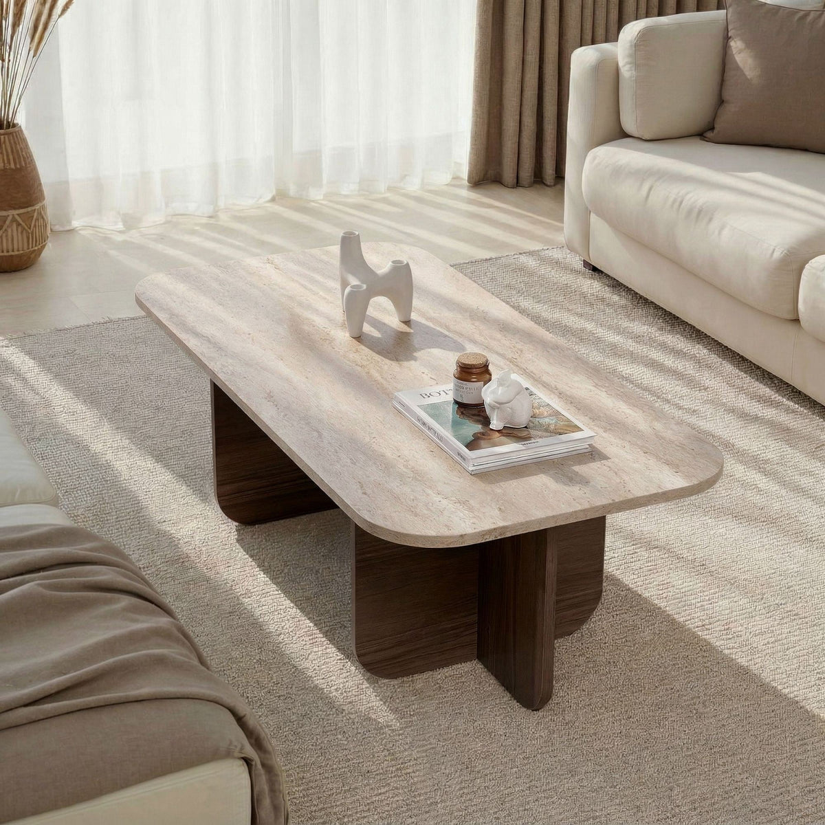 Măsuță de cafea, Akira - Travertine, Venezia Walnut, Travertin / Nuc Veneția