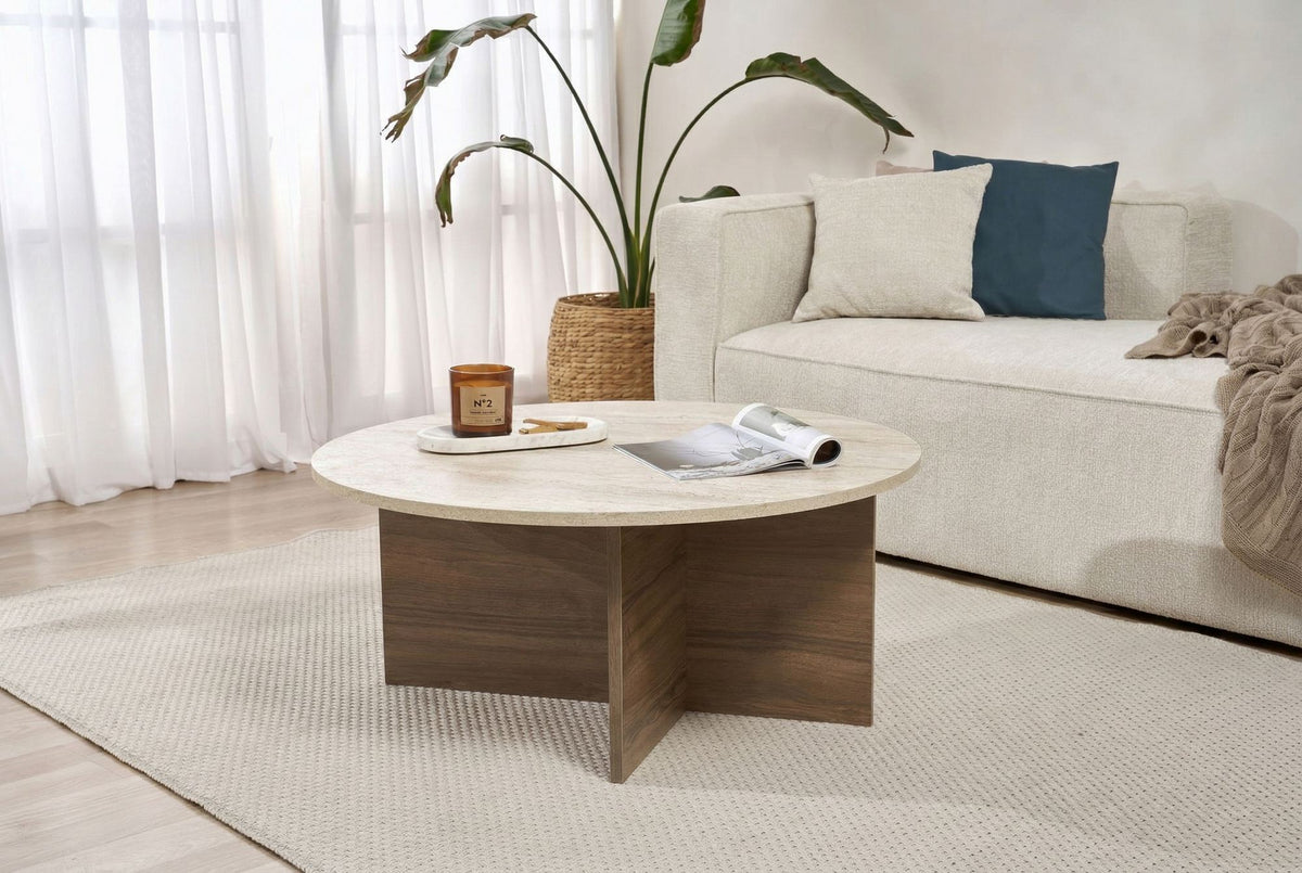 Măsuță de cafea, Soleil - Travertine, Venezia Walnut, Travertin / Nuc Veneția