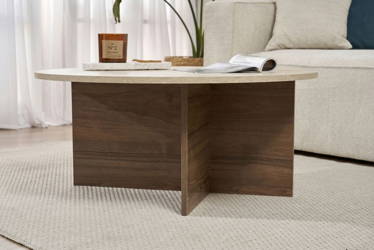Măsuță de cafea, Soleil - Travertine, Venezia Walnut, Travertin / Nuc Veneția