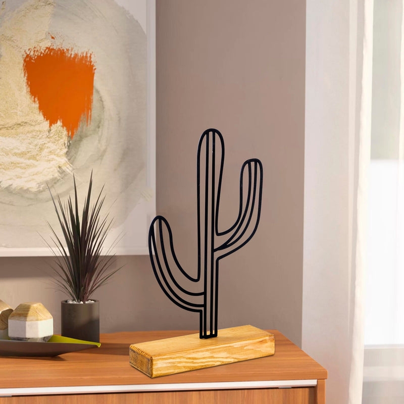 Accesoriu decorativ CACTUS, negru/stejar, metal/lemn, 22x41 cm