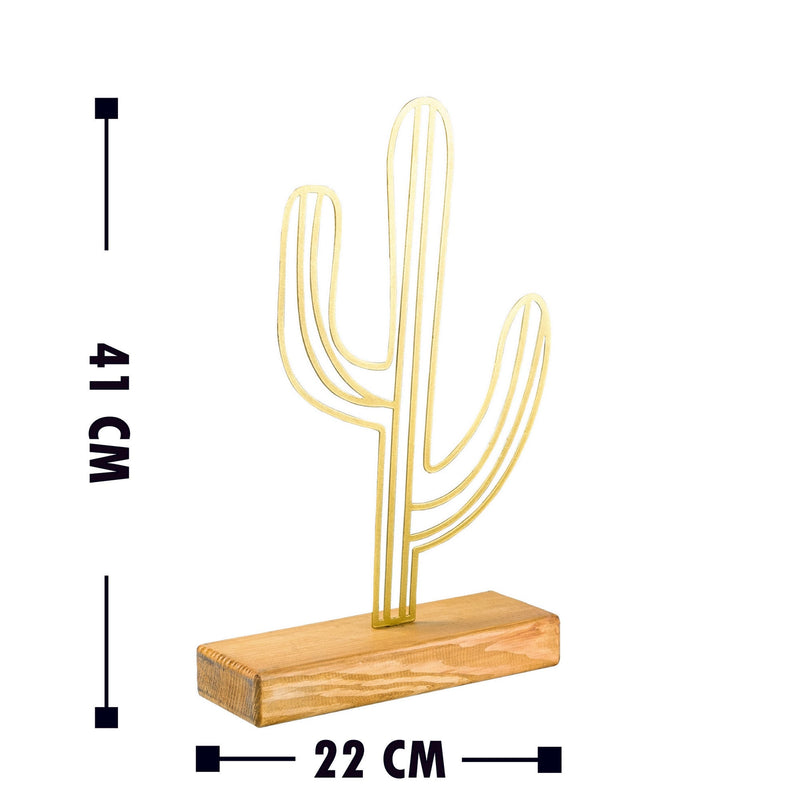 Accesoriu decorativ CACTUS, auriu/stejar, metal/lemn, 22x4x41 cm