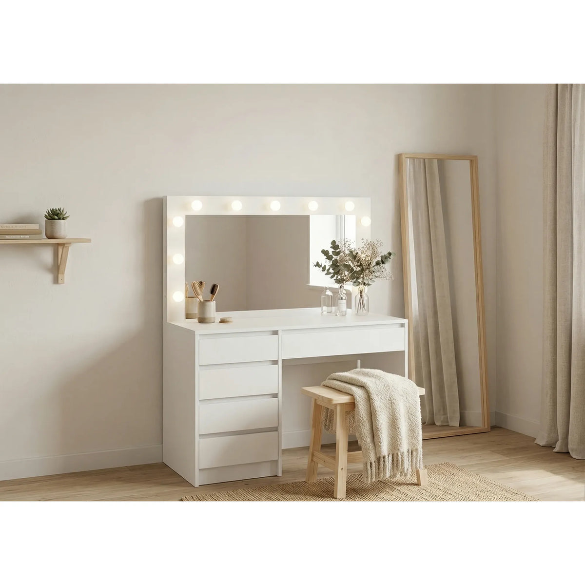 Masa de toaleta BIU5S, alb, PAL, cu oglinda si iluminare LED, 120x55x140 cm