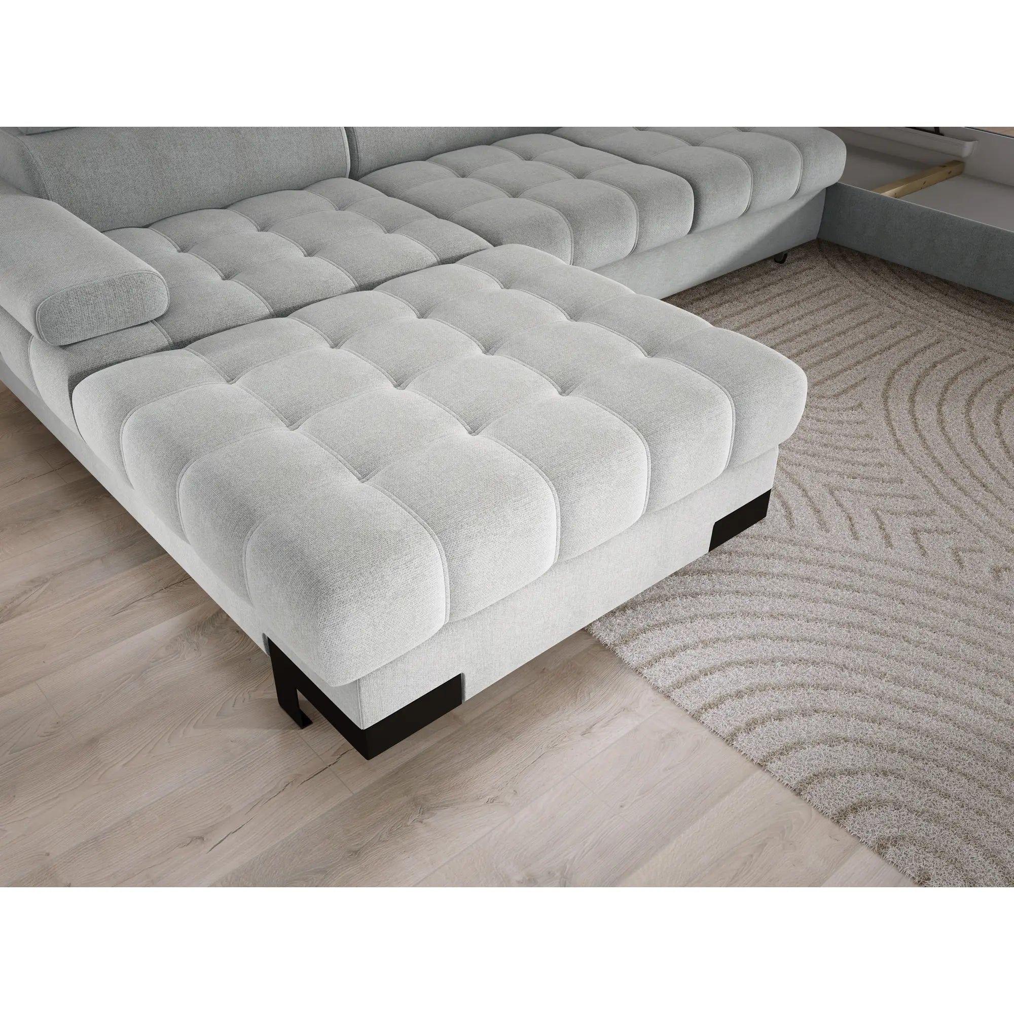 Coltar extensibil SELVA XL, sezlong dreapta, stofa catifelata gri - Crown 18, Gama Premium, cu lada depozitare si tetiere reglabile, 339x223x95 cm