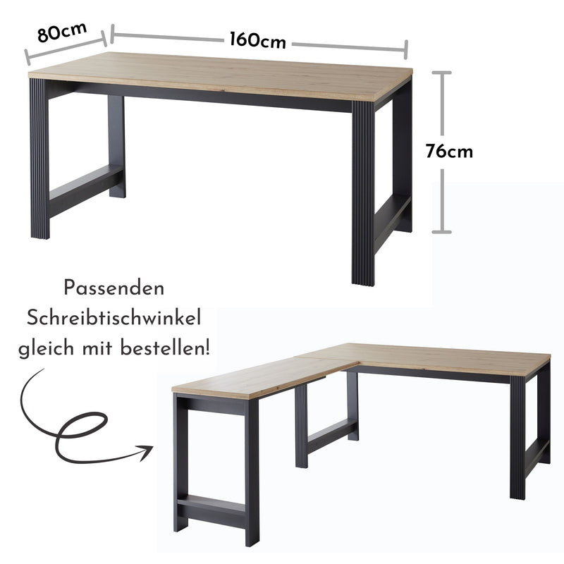 Masa birou JASMIN, gri grafit/stejar artisan, PAL, 160x80x76 cm