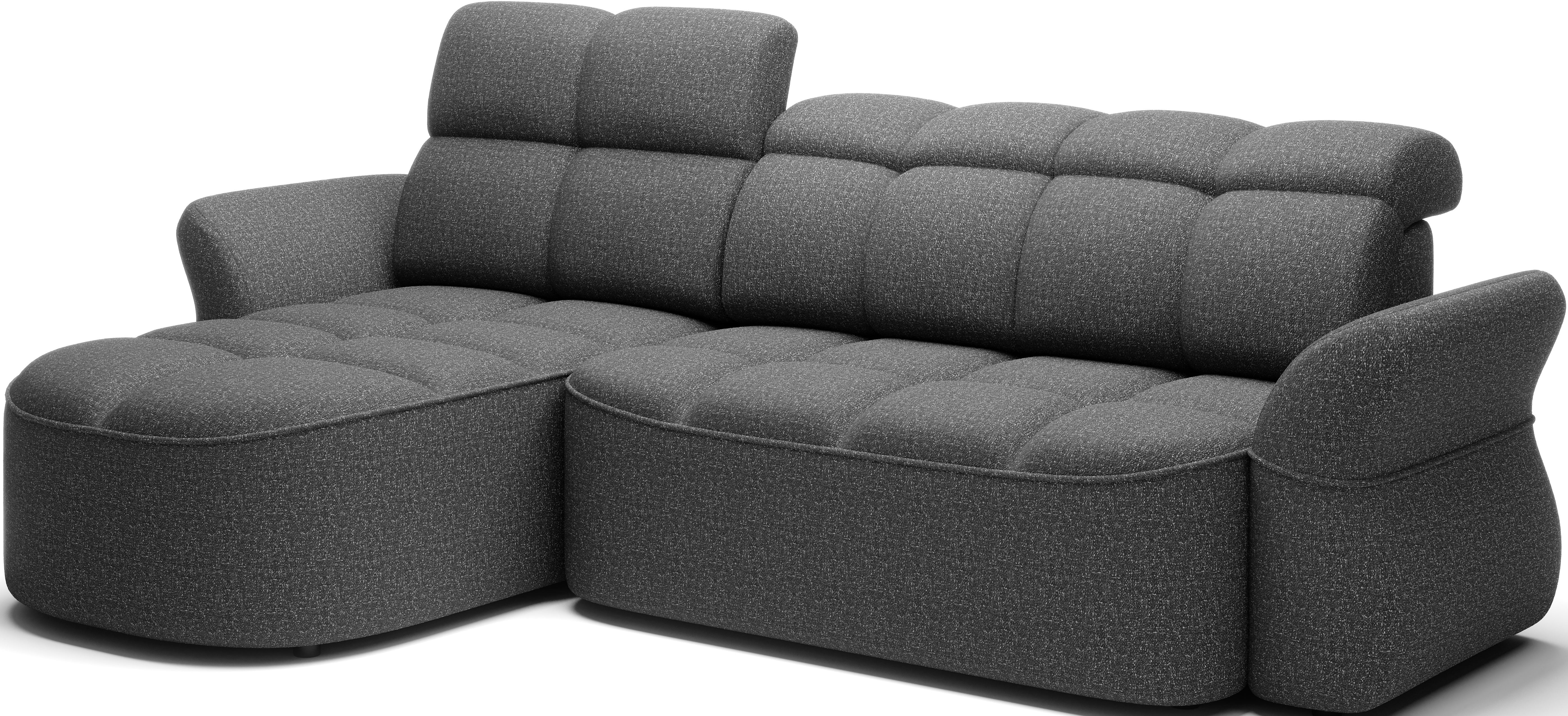 Coltar BENETH, sezlong stanga, stofa clasica gri - Breona 04, cu reglaj electric, tetiere reglabile si lada depozitare, 301x185x115 cm