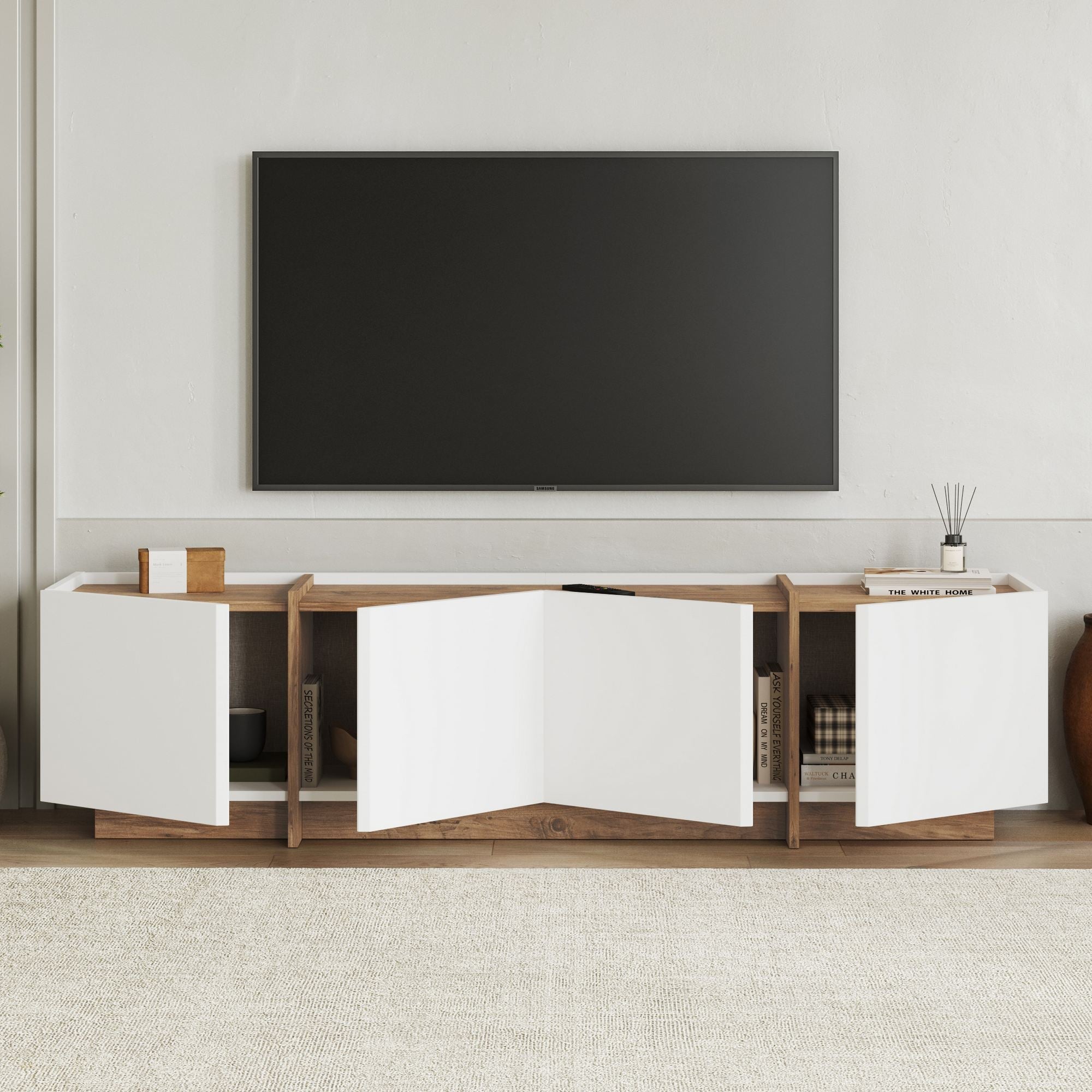 Comodă TV, Lowen - White, Atlantic Pine, Alb / Pin Atlantic