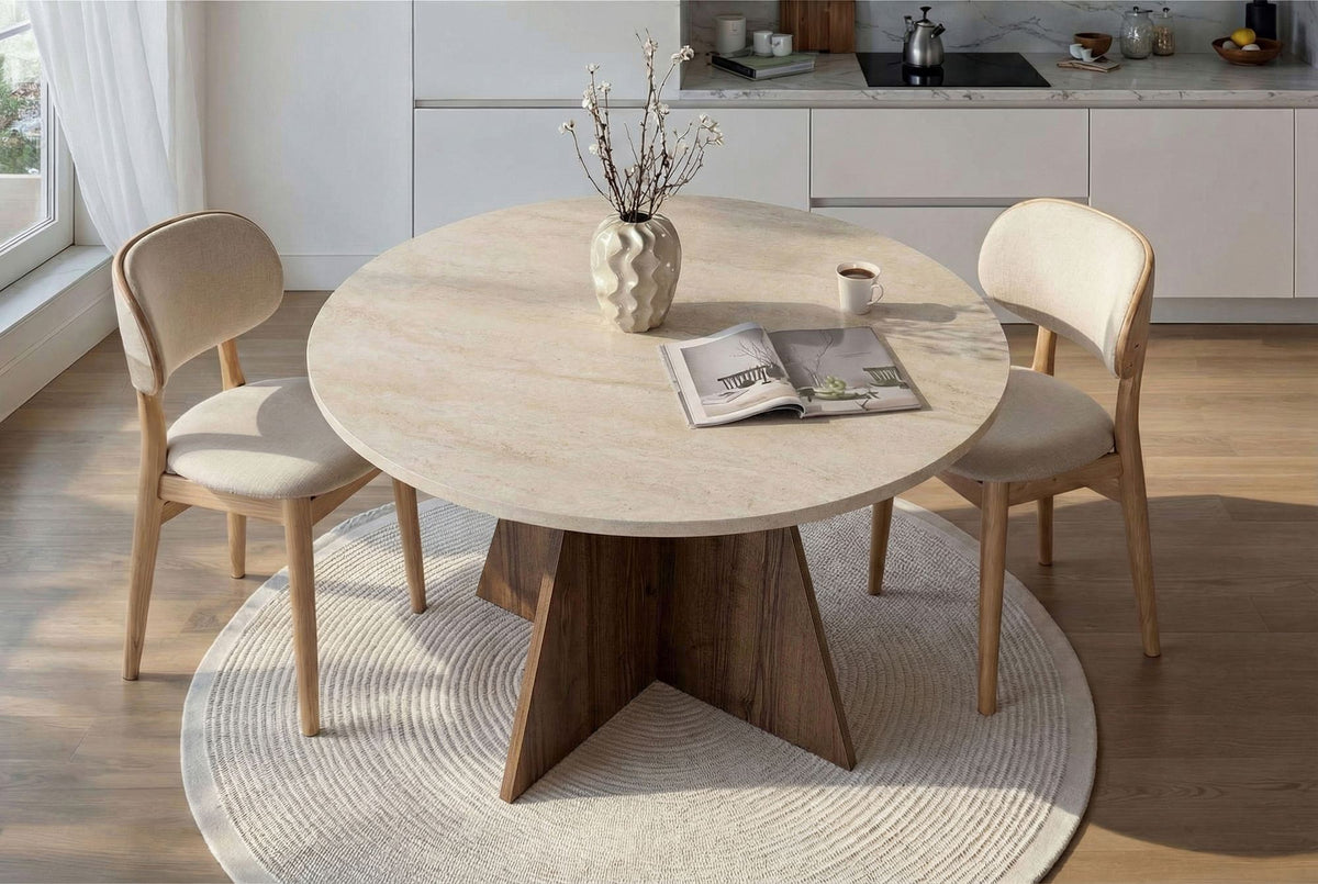 Masă dining, Virella - Travertine, Venezia Walnut, Travertin / Nuc Veneția