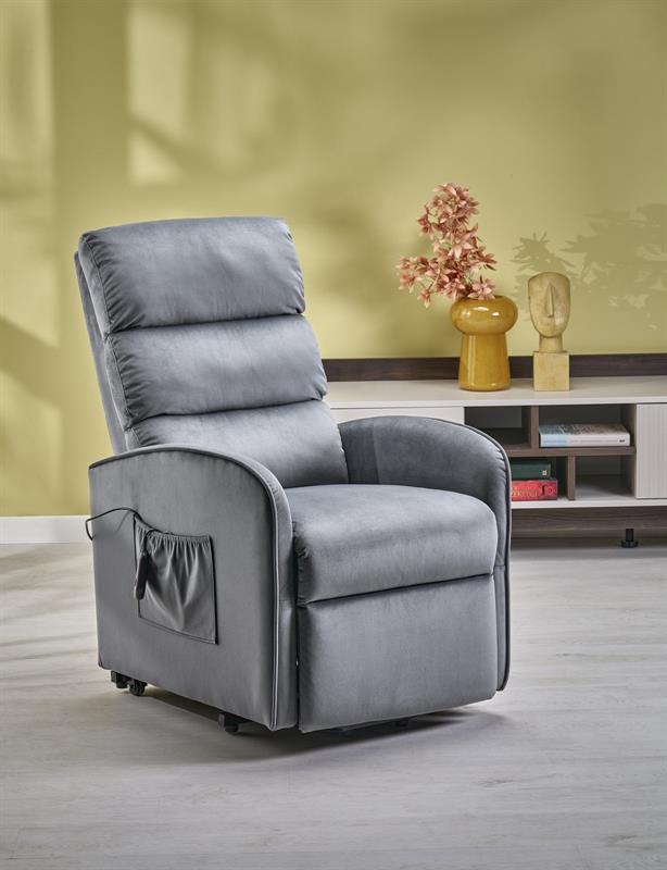 Fotoliu recliner MARONI, stofa catifelata gri - Bluvel 14, 62x92/165x103/84 cm