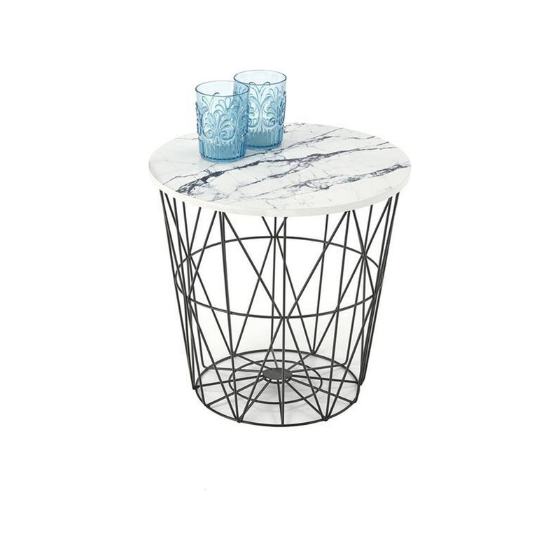 Masuta cafea HARISSA B, alb cu efect de marmura/negru, MDF/otel, 42x42x41 cm