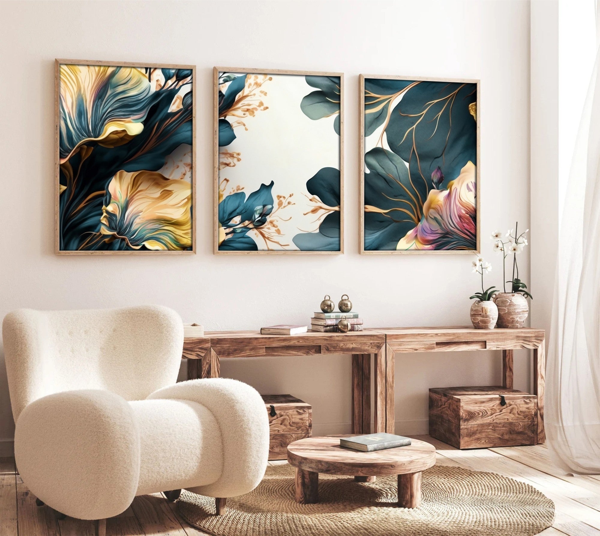 Tablou decorativ MDF cu ramă (3 piese), Huhu217 - 35 x 50, Multicolor