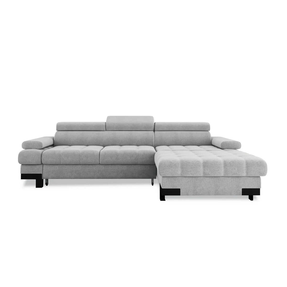 Coltar extensibil SELVA MINI, sezlong dreapta, stofa catifelata gri - Cloud 97, Gama Premium, cu lada depozitare si tetiere reglabile, 270x173x95 cm