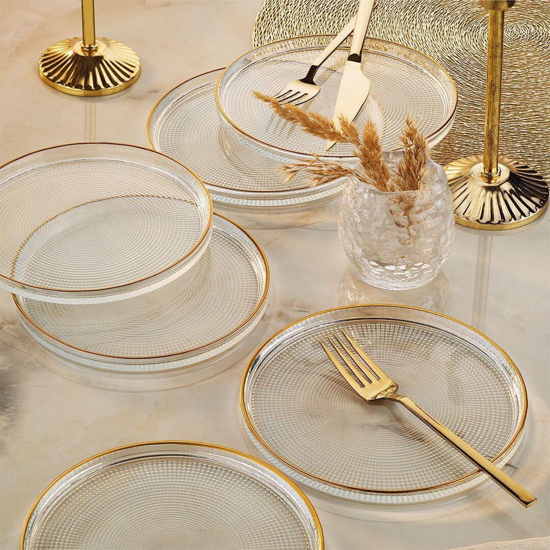 Set farfurii desert (6 piese), Loren6p, Transparent / Auriu
