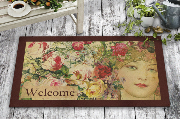 Covor intrare FLOWER LADY, 45x70 cm, forma dreptunghiulara, pasla/PVC, multicolor