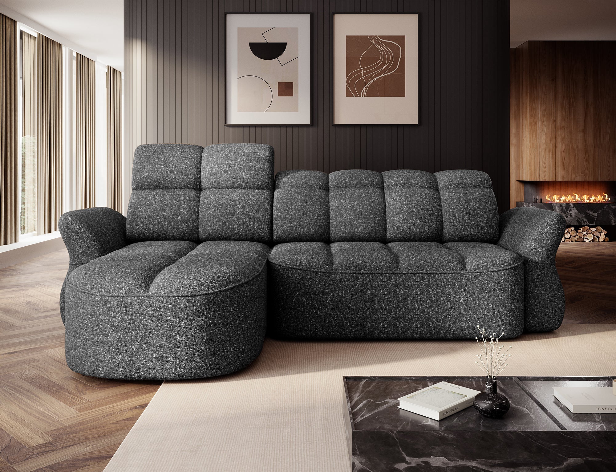Coltar BENETH, sezlong stanga, stofa clasica gri - Breona 04, cu reglaj electric, tetiere reglabile si lada depozitare, 301x185x115 cm