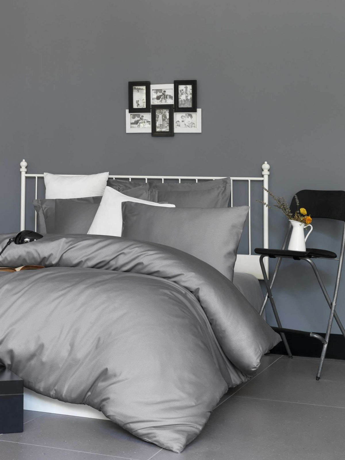 Cearșaf satin pat super king cu elastic, De Dark Grey, Gri închis