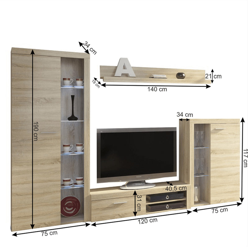 Mobilier living ROCHESTER, stejar sonoma, PAL melaminat/sticla, cu iluminare LED, 4 piese, 270x41x190 cm