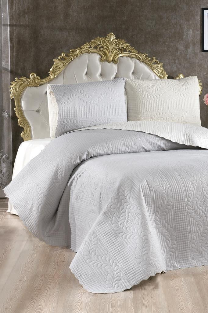 Set cuvertură pat dublu, Sanem - Cream, Grey, Crem / Gri