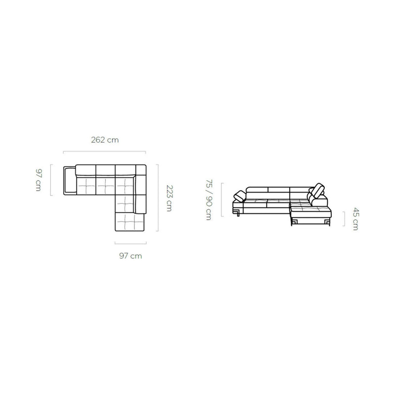 Coltar EMPORIO L, personalizabil materiale gama Oferta Avantaj, 262x223x75/90 cm, extensibil, lada depozitare, tetiere reglabile