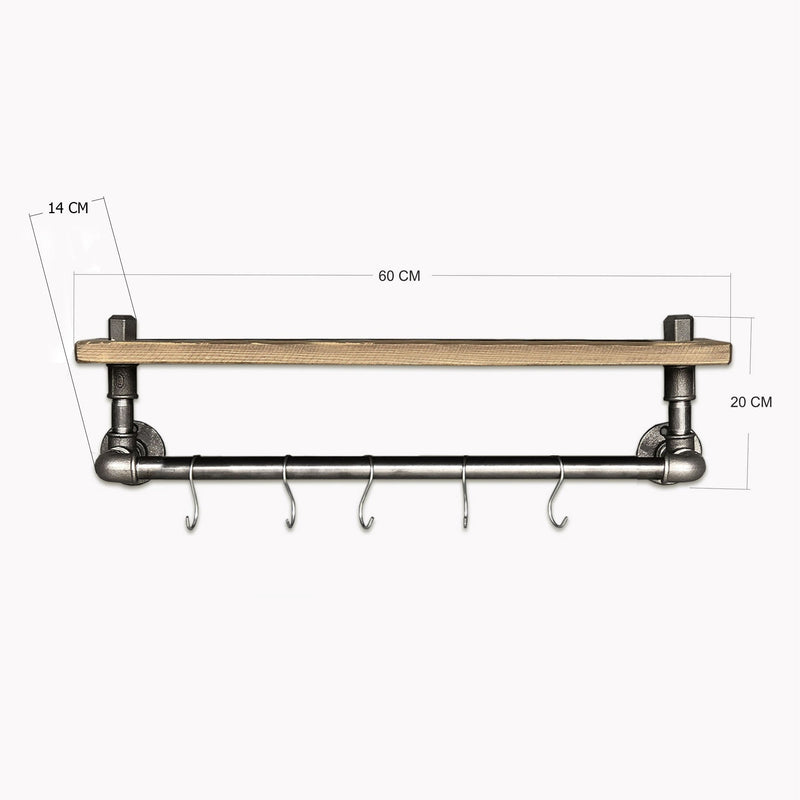 Polita BORURAD009, stejar halifax/gri inchis, lemn/metal, 60x14x20 cm