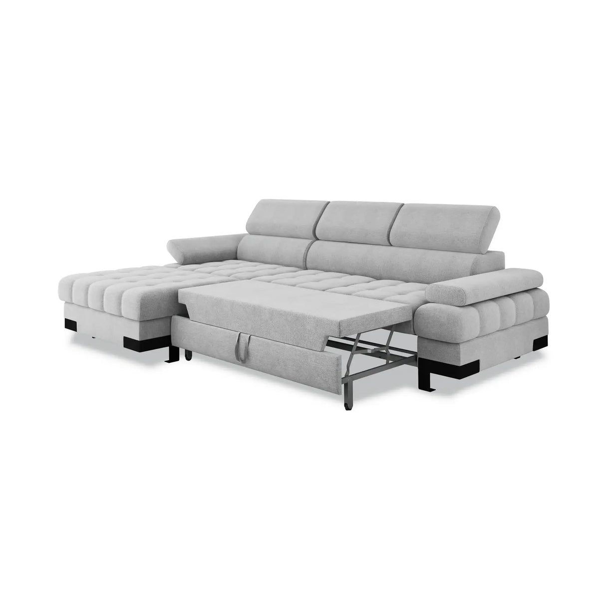 Coltar extensibil SELVA MINI, sezlong stanga, stofa catifelata violet - Whisper 14, Gama Premium, cu lada depozitare si tetiere reglabile, 270x173x95 cm
