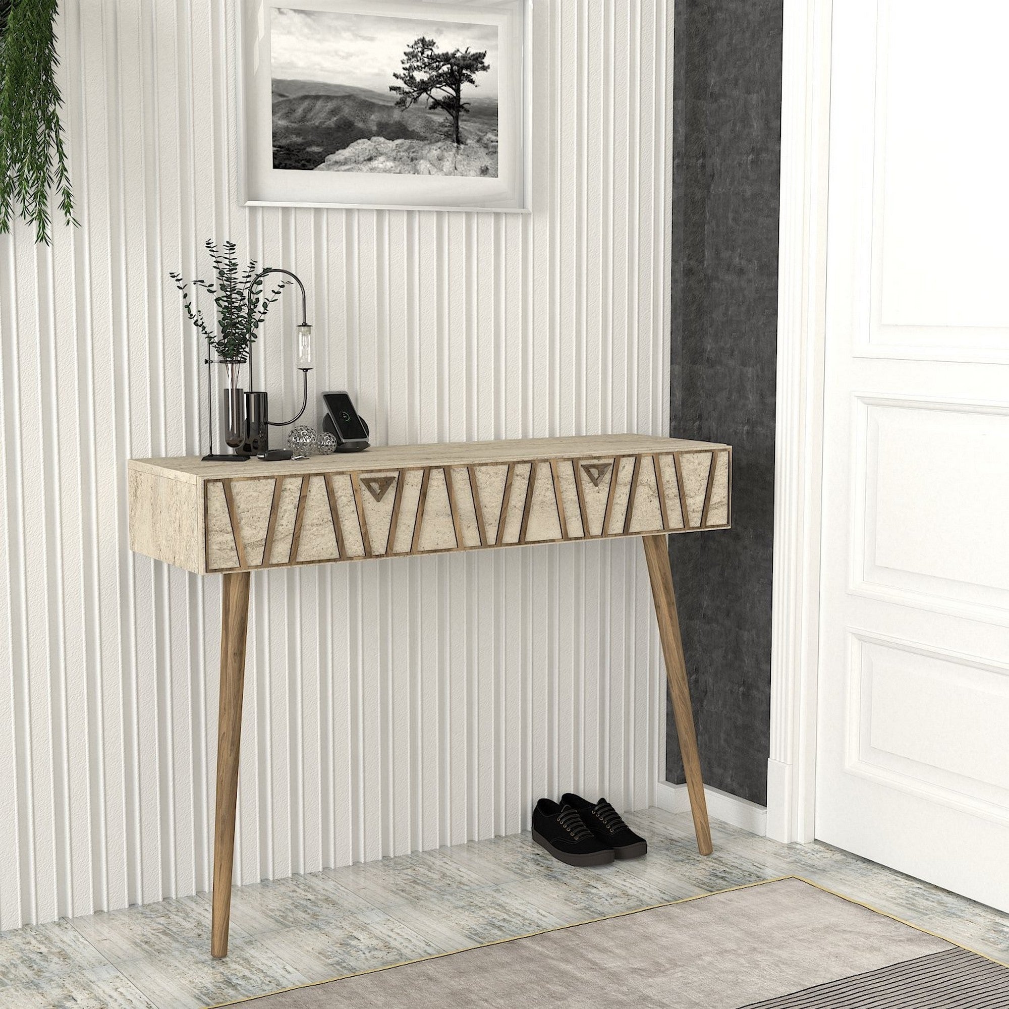 Consola FOREST, bej cu efect de marmura/stejar, PAL melaminat/fag, 120x35x89 cm