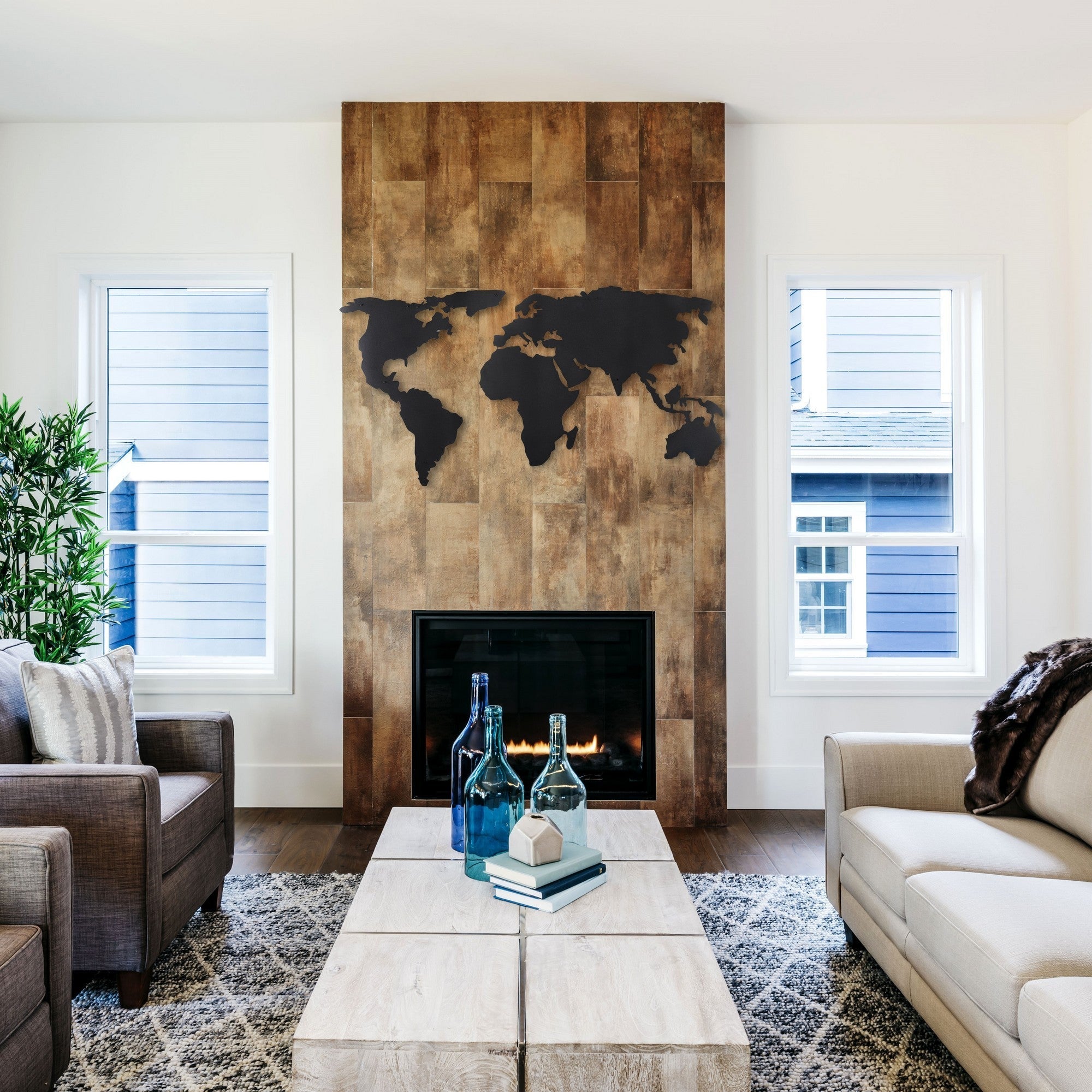 Accesoriu decorativ metalic de perete, World Map Silhouette, Negru