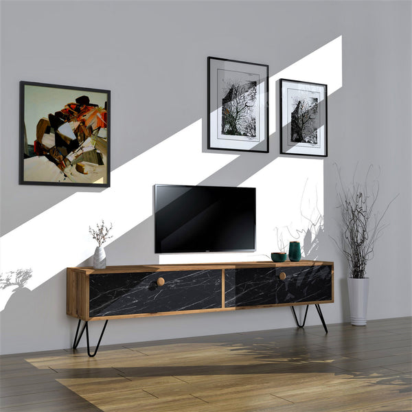 Comoda TV SIDE, negru/nuc, PAL/metal, 160x29.6x45 cm