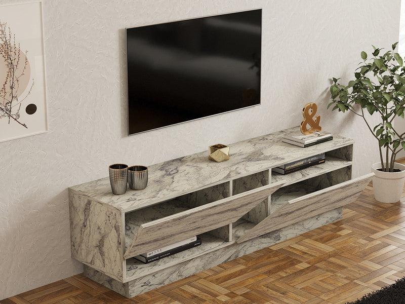 Comada TV KOZA, bej cu efect de marmura, PAL melaminat, 160x40x45 cm