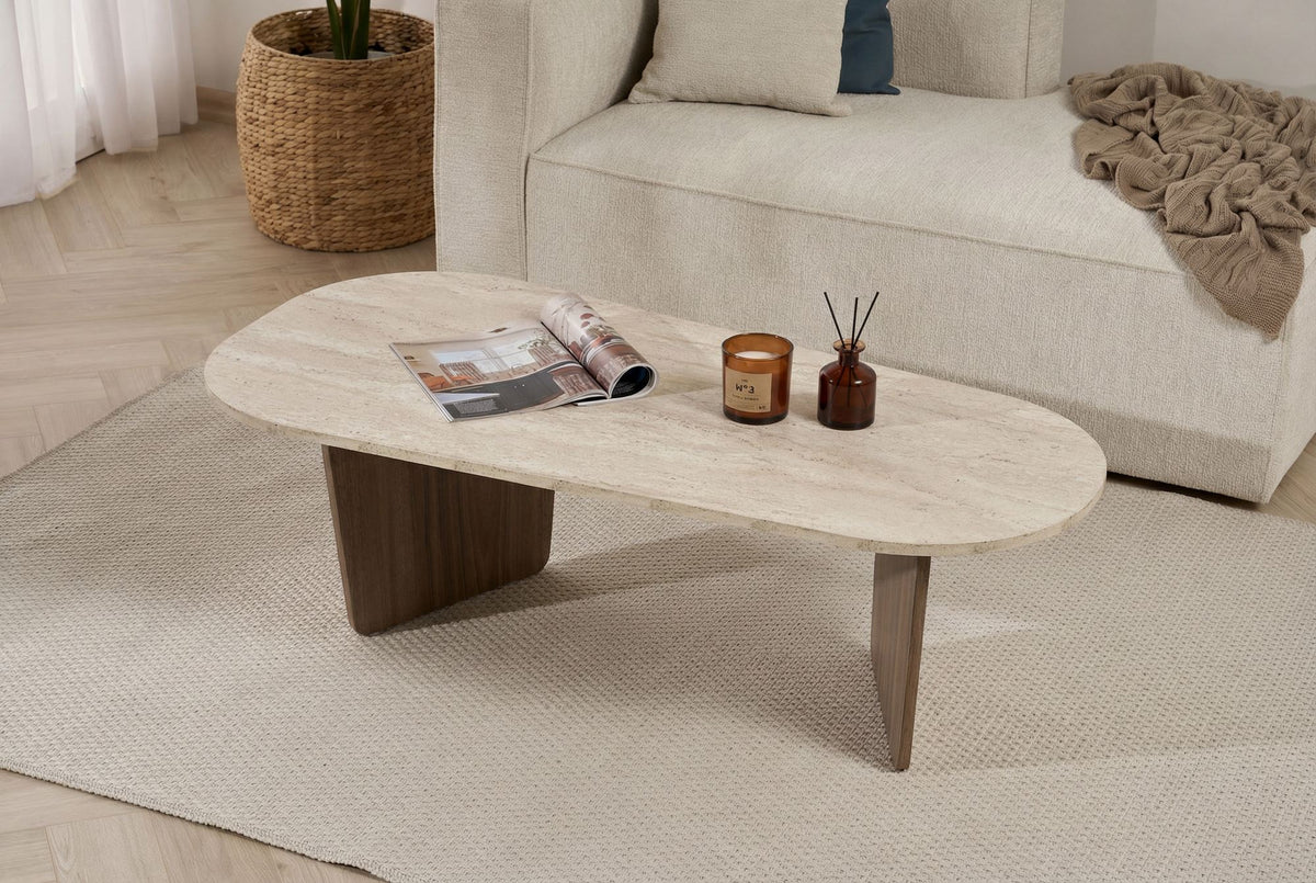 Măsuță de cafea, Ovalis - Travertine, Walnut, Travertin / Nuc