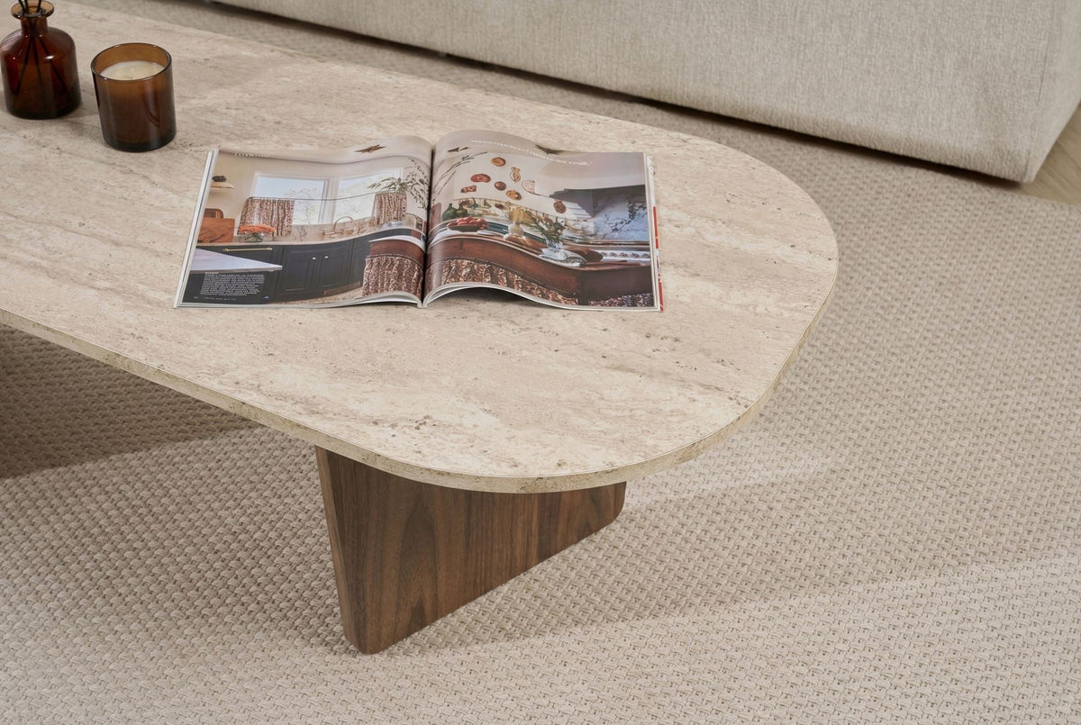 Măsuță de cafea, Ovalis - Travertine, Walnut, Travertin / Nuc