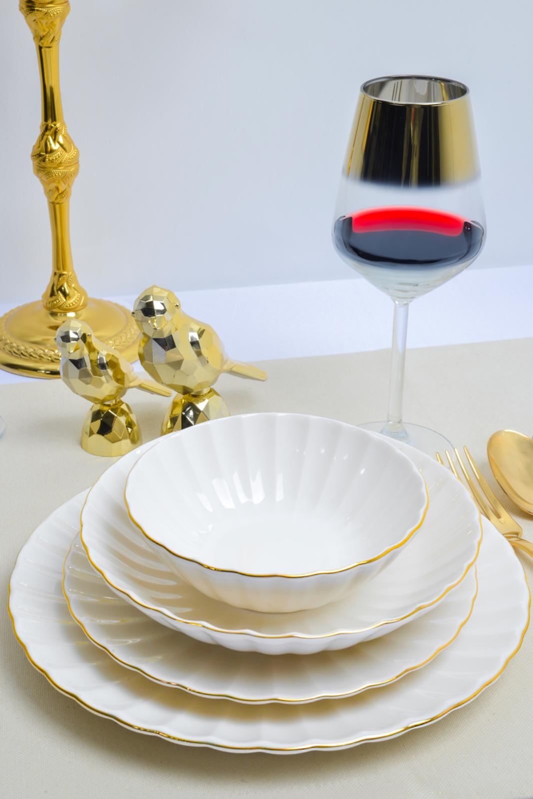 Set veselă (24 piese), Derya 24 - White, Gold, Alb / Auriu
