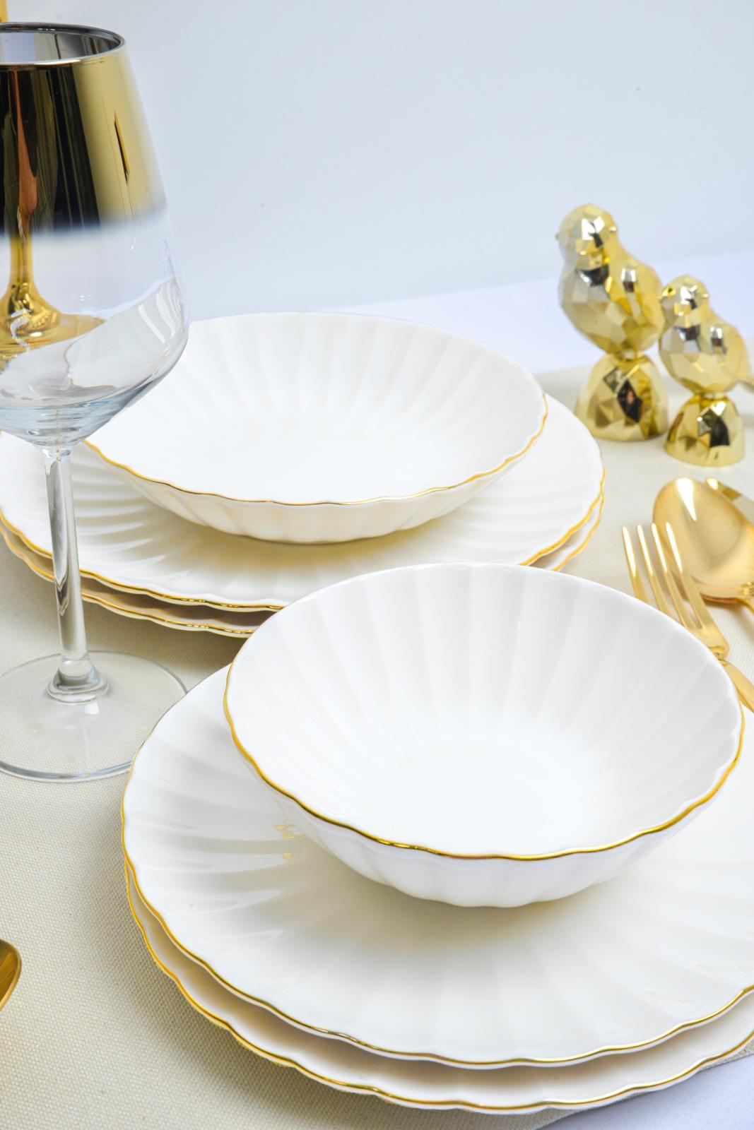 Set veselă (24 piese), Derya 24 - White, Gold, Alb / Auriu
