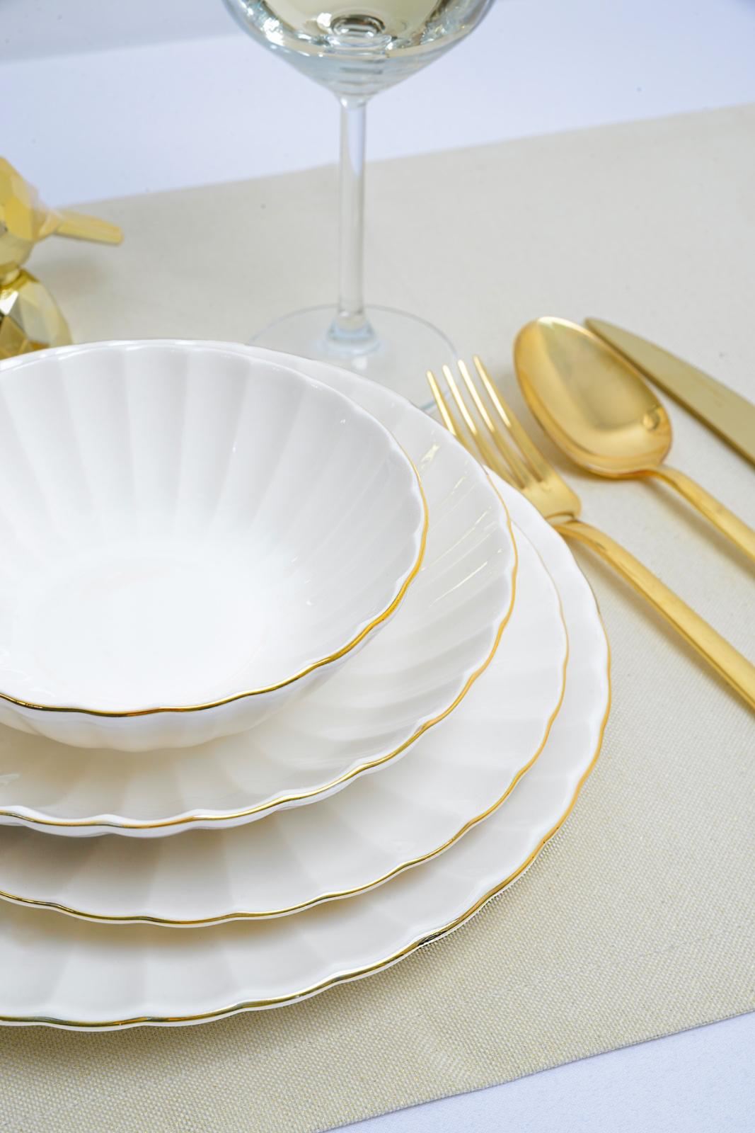 Set veselă (24 piese), Derya 24 - White, Gold, Alb / Auriu