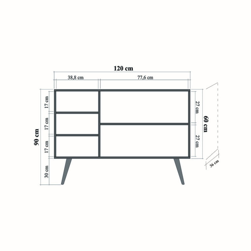 Comoda MEGA-123, stejar sonoma/negru, PAL melaminat, 120x36x90 cm