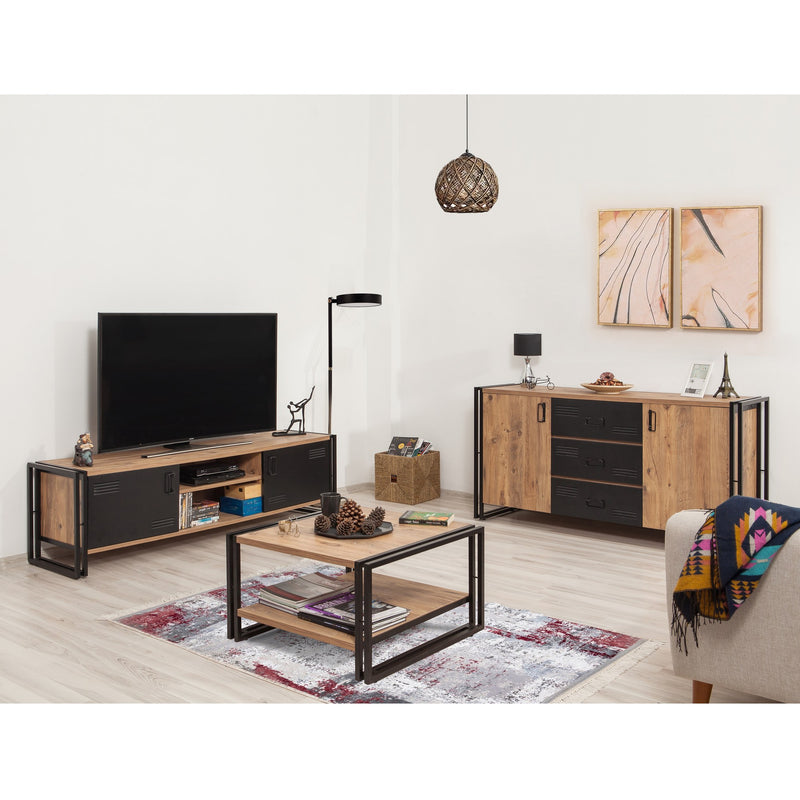 Set mobilier living COSMO-TKM.1, 3 piese, stejar/negru, PAL/metal